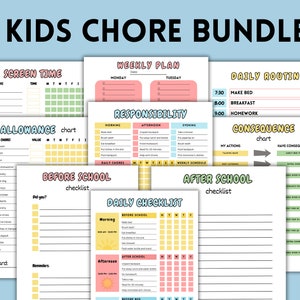 Pacchetto di tabelle per le faccende domestiche dei bambini, responsabilità, comportamento, routine (download digitale)
