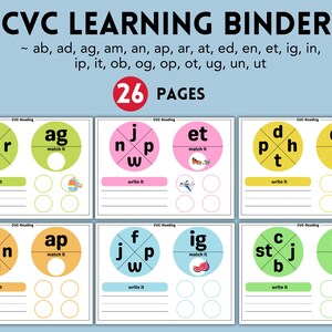 May include: A set of 9 colorful printable worksheets for learning CVC words. Each worksheet features a circle with four letters and a picture to match the word. The words include: ag, et, en, ap, ig, ar,  and more. The worksheets also include a space to write the word.