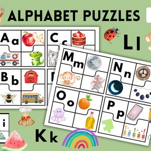 アルファベットパズル、子供向けアクティビティ、幼稚園のワークシート、幼稚園の印刷物、文字の学習、幼児幼稚園ホームスクール、モンテッソーリ