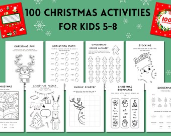 May include: A set of 10 printable Christmas activity sheets for kids ages 5-8. The sheets feature a variety of activities, including coloring, math problems, word searches, and more. The sheets are black and white and have a festive Christmas theme.