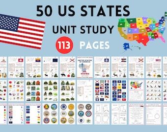 May include: A printable resource for learning about the 50 US states. The resource includes 113 pages of activities, maps, and information about each state. The cover features a map of the United States with each state highlighted in a different color.