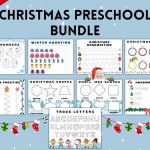 Könnte beinhalten: Ein Weihnachts-Vorschul-Aktivitätspaket mit Arbeitsblättern zum Nachzeichnen von Zahlen, Buchstaben und Formen, zum Zählen von Winterartikeln, zum Üben von Scheren- und Schreibfähigkeiten. Die Arbeitsblätter zeigen festliche Illustrationen von Weihnachtsmann, Weihnachtskugeln und anderen Weihnachtssymbolen.