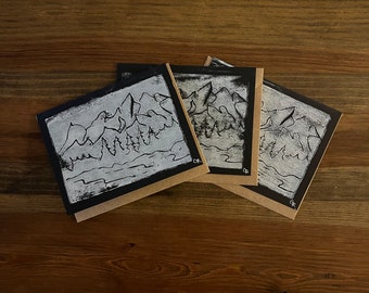 Mountain Range Cards 3-pack, Pen Included—Greeting Card—Block Print—Handmade