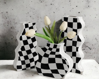 Checkered Ceramic Vase |  Flower Vase | Natural Home Decor | Home gift | unique Vase | wedding gift | Gingham Homeware | Wavy Trend |