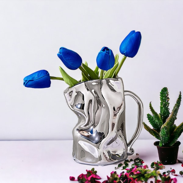 Vase en céramique fondue | Vase argenté | | Décor Boho neutre | Cadeau à la maison | Vase à fleurs pour décoration de fleurs séchées | Cadeau unique pour elle