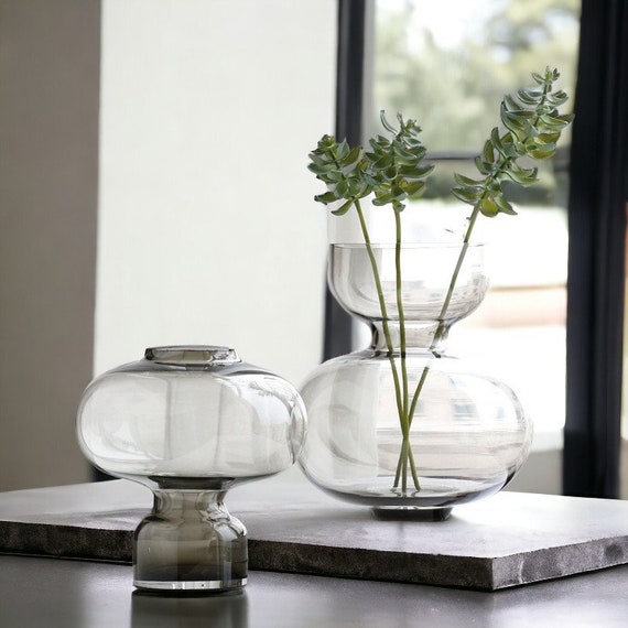 Graue Glasblase Vase - Offene Blumenvase - Glas Wohnkultur - Blumenvase - Getrocknete Blumenvase - Kleine und große Glasvase