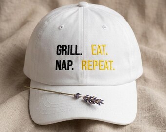 Grill Eat Nap Repeat Embroidered Dad Cap, BBQ Master Hat, Father's Day Gift