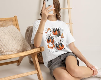 Cute Ghosts with Pumpkins Tee | Halloween Spooky Kawaii Design