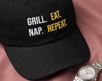 Embroidered Grill Eat Nap Repeat Dad Cap, BBQ Master Hat, Father's Day Gift