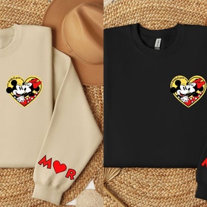 Custom Cartoon Mouse Couple with Letters on Sleeve Sweatshirt, Personalized Disney Couple Sweatshirt, Matching Couple Letters Sweatshirt