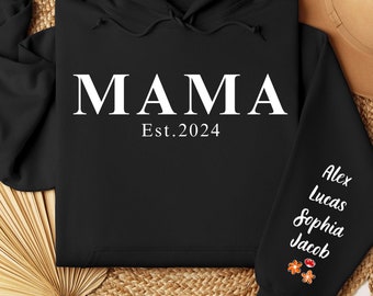 May include: Black hooded sweatshirt with the text "MAMA Est. 2024" on the front and the names "Alex, Lucas, Sophia, Jacob" on the sleeve.
