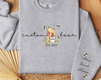 Personalized Custom Bear Sweatshirt, Bear Est with Kid Name on Sleeve Sweatshirt, Custom Name Sweatshirt, Cute Mothers Day Sweatshirt
