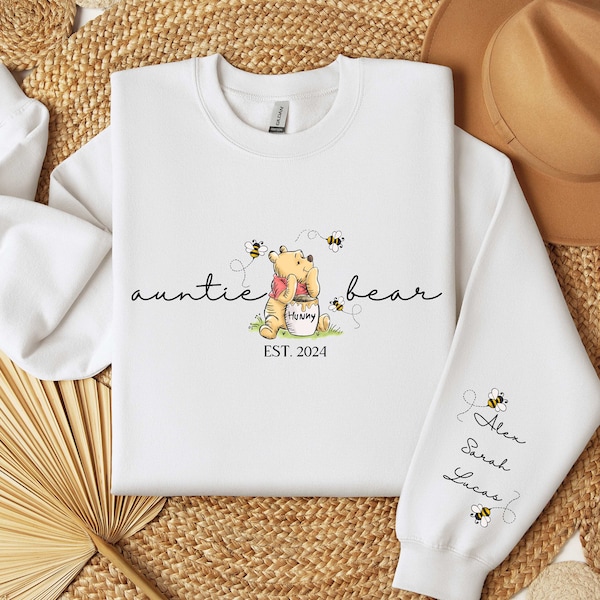 Custom Auntie Bear Sweatshirt with Kids Name on Sleeve, Personalized Auntie Sweatshirt, Auntie with Nieces Nephews Names, Gift for Aunts