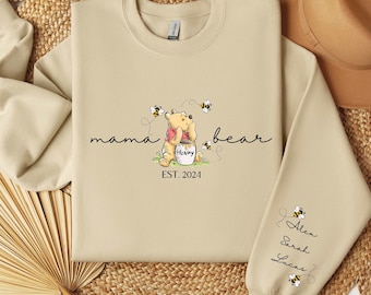 Custom Mama Bear Sweatshirt, Mama Est with Kid Name on Sleeve Sweatshirt, Personalized Mom Sweatshirt, Mothers Day Sweatshirt, New Mom Tee