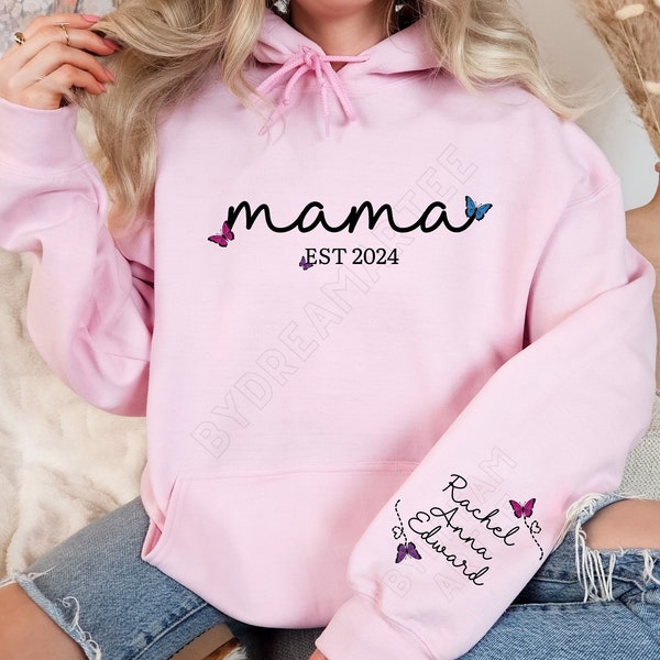 Custom Mama Hoodie with Kids Names on Sleeve, Personalized New Mom Hoodie, Trendy Mothers Day Hoodie, Aesthetic Mama Hoodie, Gift for Mama