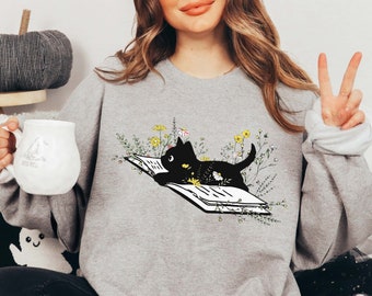 Black Cat Bookish Sweatshirt, Book Lover Sweatshirt, Gift for Cat Lover,  Cat Reading Book Sweatshirt, Librarian Gifts, Floral Book Cat