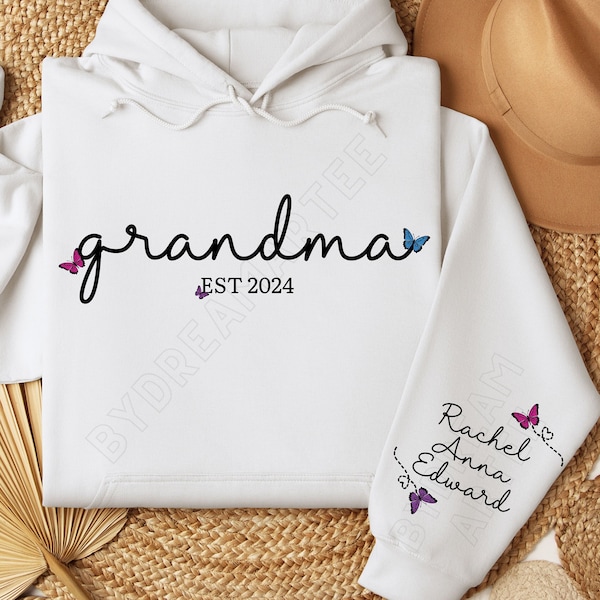 Personalized Grandma Hoodie with Grandkids Name on Sleeve, Custom Grandma Hoodie, Est Date Grandma Hoodie, Custom Gift for Grandmothers