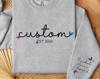 Custom Text on Front and Names on the Sleeve Sweatshirt, Personalized Names Sweatshirt, Personalized Gift for Mothers Day, Cute Mama Tee