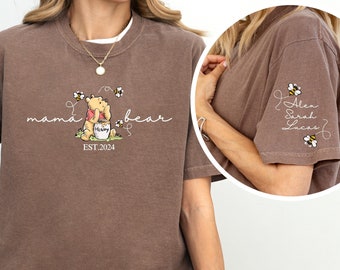 Custom Comfort Colors® Winnie Pooh Mama Bear Shirt, Mama with Kid Name on Sleeve Shirt, Personalized Mothers Day Shirt, Custom Mother Day