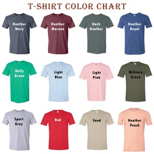 Pu&ograve; includere: Una tabella colori di magliette che mostra varie tonalit&agrave;. La tabella include colori come Heather Navy, Heather Maroon, Dark Heather, Heather Royal, Kelly Green, Light Blue, Light Pink, Military Green, Sport Grey, Red, Sand e Heather Peach.