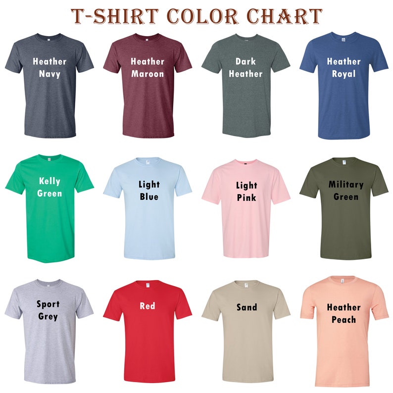 Pu&ograve; includere: Una tabella colori di magliette che mostra varie tonalit&agrave;. La tabella include colori come Heather Navy, Heather Maroon, Dark Heather, Heather Royal, Kelly Green, Light Blue, Light Pink, Military Green, Sport Grey, Red, Sand e Heather Peach.