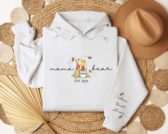 Personalized Mama Bear Hoodie, Custom Kid Name Sleeve, Mothers Day Gift