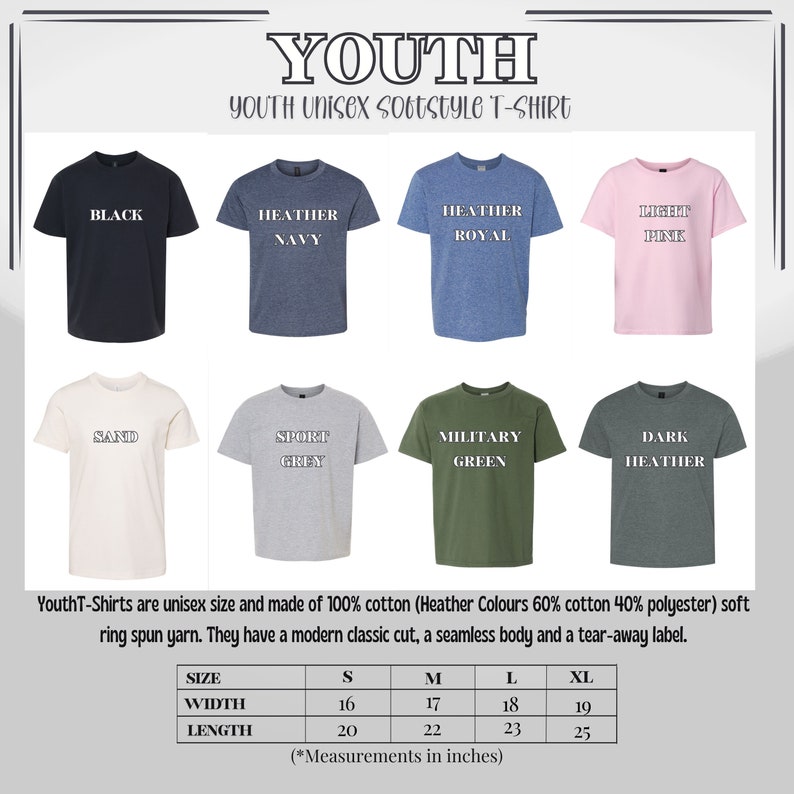 Pu&ograve; includere: Esposizione di t-shirt unisex softstyle per ragazzi in vari colori, tra cui nero, blu navy m&eacute;lange, blu royal m&eacute;lange, rosa chiaro, sabbia, grigio sport, verde militare e m&eacute;lange scuro. Ogni maglietta ha il nome del colore stampato. Tabella delle taglie in pollici.