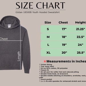 May include: Size chart for a youth hooded sweatshirt in sizes S, M, L, and XL. The chart shows chest and height measurements in inches. The sweatshirt is gray and has a pouch pocket.