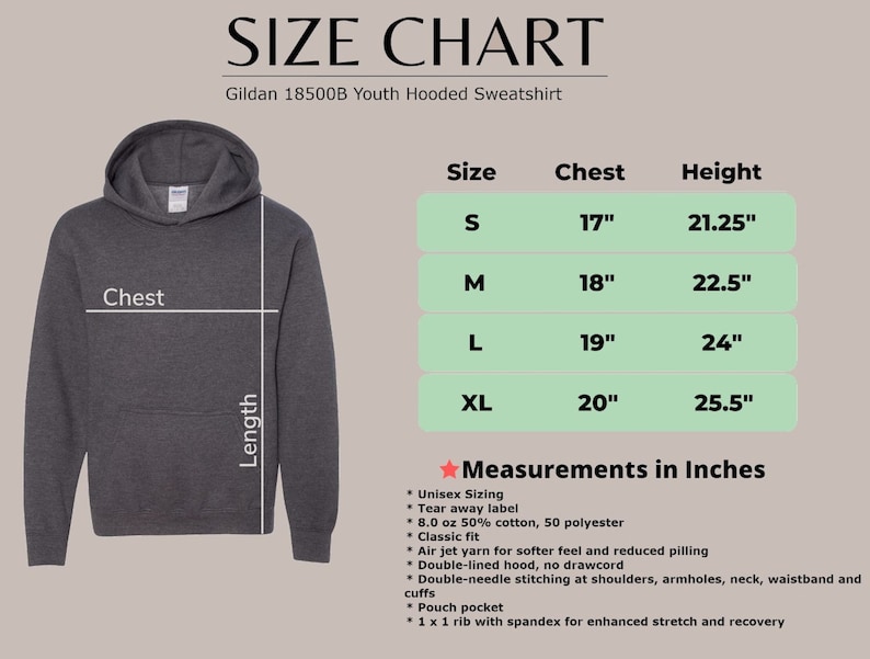 May include: Size chart for a youth hooded sweatshirt in sizes S, M, L, and XL. The chart shows chest and height measurements in inches. The sweatshirt is gray and has a pouch pocket.