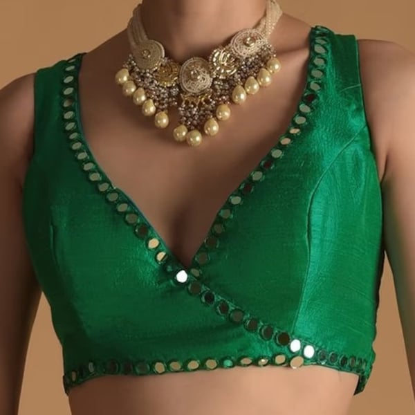 Dark Green Blouse In Raw Silk With Mirror Work And Open Back With Tassel Dori Tie Ups, Wedding wear Custom Made Sari Blouse Blouse Crop Top.