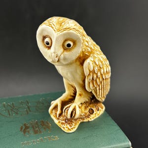 May include: A detailed figurine of a barn owl, featuring a cream and tan color palette. The owl is perched on a textured base, with intricate feather detailing. The owl has large, expressive eyes and is presented on a green box.