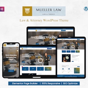 Könnte beinhalten: Digitales Mockup einer Anwaltskanzlei-Website, die auf einem Smartphone, Tablet und Laptop angezeigt wird. Die Website zeigt eine Gerichtshammer, Waage der Gerechtigkeit und den Text "We're Advocates For Justice And Right". Das Thema ist für Law & Attorney WordPress.