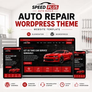 Puede incluir: Una visualización digital de la plantilla de sitio web WordPress Speed Plus Auto Repair, que muestra un coche deportivo rojo, menús de navegación e iconos de servicio en una pantalla de portátil, tableta y teléfono inteligente.