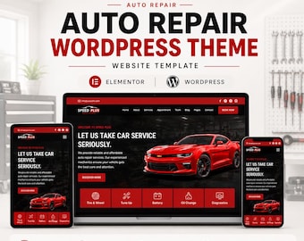 Puede incluir: Una visualización digital de la plantilla de sitio web WordPress Speed Plus Auto Repair, que muestra un coche deportivo rojo, menús de navegación e iconos de servicio en una pantalla de portátil, tableta y teléfono inteligente.