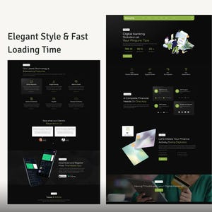 May include: A website design with a dark background and green accents. The text reads "Elegant Style & Fast Loading Time." The design includes sections for features, client testimonials, and mobile app download.