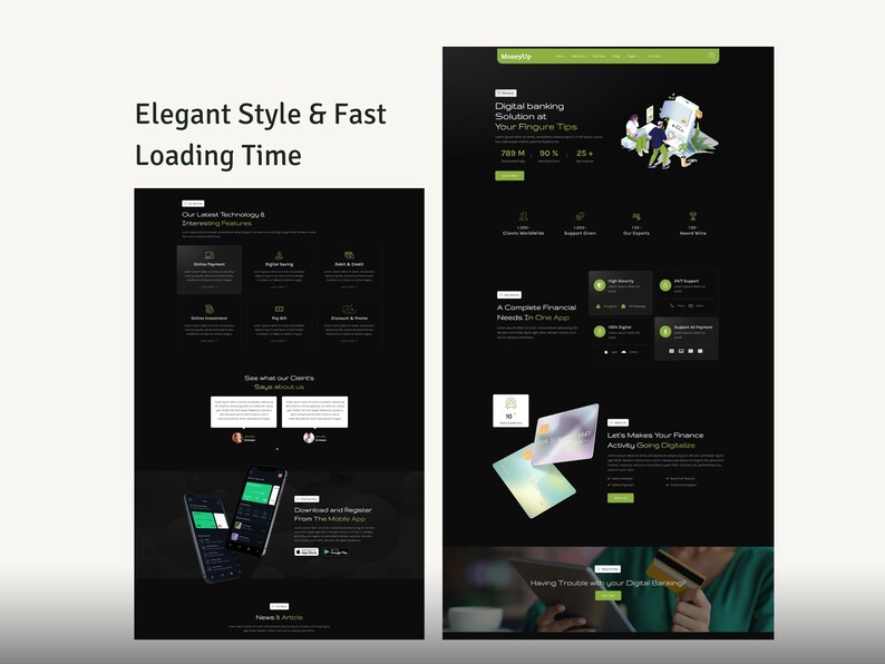 May include: A website design with a dark background and green accents. The text reads "Elegant Style & Fast Loading Time." The design includes sections for features, client testimonials, and mobile app download.