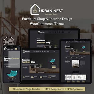 May include: Website mockup for an online furniture store called Urban Nest. The website features a dark background with images of furniture and text that says "Premium Furniture Shop".