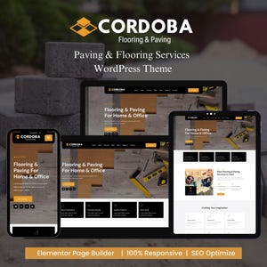 Può includere: Una presentazione digitale di un sito web per servizi di pavimentazione e pavimentazione. Il design è mostrato su uno smartphone, un tablet e un laptop. Il logo del sito web è in alto, con il testo "CORDOBA Flooring & Paving". Il tema è "Paving & Flooring Services WordPress Theme".