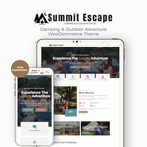 Może przedstawiać: Prezentacja motywu strony internetowej dla kempingów i przygód na świeżym powietrzu, wyświetlana na tablecie i smartfonie. Motyw, o nazwie Summit Escape, prezentuje wygląd i funkcje strony internetowej.