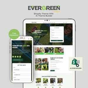 Puede incluir: Una visualización digital de un diseño de sitio web para Evergreen Yards, un tema de Shopify con un generador de temas de IA. El diseño del sitio web se muestra en una tableta y un teléfono inteligente, con el texto "Transforma tu jardín en paraíso."