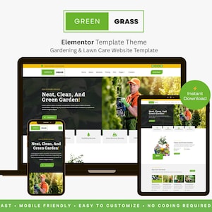 May include: A website template theme for gardening and lawn care, shown on a laptop, tablet, and smartphone. The theme uses a green and white colour scheme and includes the text "Green Grass" and "Neat, Clean, And Green Garden!"