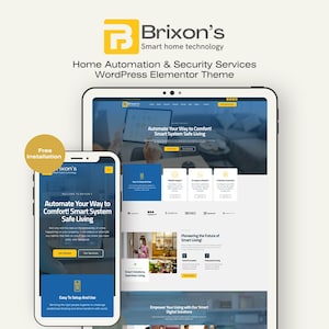 May include: A digital mockup of a website and mobile app for Brixon's, a smart home technology company. The design features a blue and white color scheme with the company logo and the text "Home Automation & Security Services WordPress Elementor Theme."