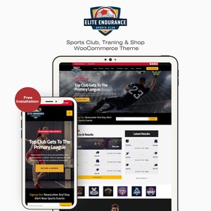 Puede incluir: Una página web de un club deportivo que se muestra en una tableta y un smartphone. El sitio web presenta un logotipo de balón de fútbol, el texto "Elite Endurance Sports Club" y la frase "Top Club Gets To The Primary League". Un círculo rojo indica "Free Installation".