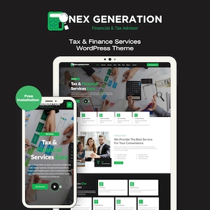May include: A digital display of a website and a smartphone screen, both showcasing a financial services theme. The website and phone display the text "Tax & Financial Services Easy". The logo includes a calculator icon and the words "NEX GENERATION".