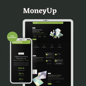 May include: A smartphone and tablet display the MoneyUp digital banking solution app. The app's interface is black and green, with the text "Digital banking Solution at Your Fingure Tips". The app has 789M downloads and 90% satisfied users.