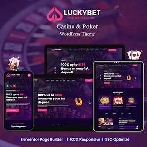Op de afbeelding: Een website-mockup voor een casino- en pokerwebsite genaamd Luckybet Online Casino. De website heeft een donkere achtergrond met roze accenten en een roulettewielafbeelding. De tekst op de website luidt "100% tot $ 155 Bonus op uw eerste storting".