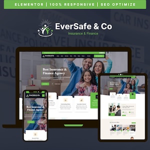 Könnte beinhalten: Digitales Marketing-Bild für EverSafe & Co, eine Versicherungs- und Finanzagentur. Das Bild zeigt ein Website-Design auf einem Laptop, Tablet und Smartphone. Die Website zeigt eine Familie und den Text "Best Insurance & Finance Agency."