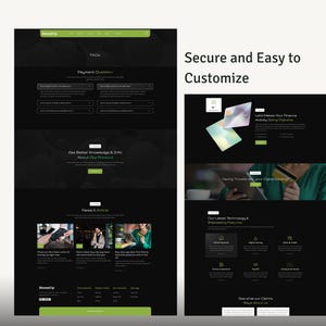 May include: Two website mockups with a dark theme and green accents. The left mockup displays FAQs, product information, and news articles. The right mockup showcases financial activity and digital finance information. Text reads "Secure and Easy to Customize."