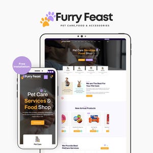 Może przedstawiać: Projekt strony internetowej dla firmy zajmującej się opieką nad zwierzętami, z logo "Furry Feast" i odciskami łap. Projekt jest wyświetlany na tablecie i smartfonie, prezentując usługi opieki nad zwierzętami i sklep z żywnością.