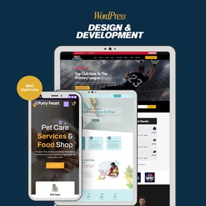 Può includere: Un concetto di progettazione e sviluppo digitale con smartphone, tablet e schermo di computer che mostrano mockup di siti web. Lo smartphone mostra un servizio di cura degli animali domestici e un negozio di alimentari "Furry Feast".